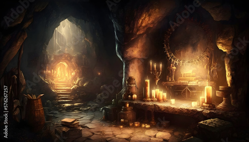 Grand cave treasure inside,  treasure chest is opening with golden shining lighting reflection inside, it placed at the deep of the cave in dark environment © MAJGraphics