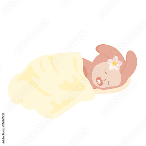 An adorable newborn girl in bunny costume covered with a blanket and sleeping comfortably. Flat vector illustration isolated a white background