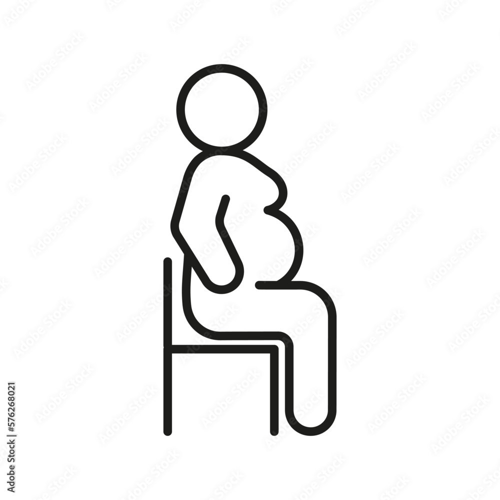 Pregnant woman with belly sit on chair, line icon. Prenatal period, pregnancy. Motherhood, parent in expecting baby. Black color linear sign. Vector Pregnant woman with belly sit on chair, line icon. Prenatal period, pregnancy. Motherhood, parent in expecting baby. Black color linear sign. Vector