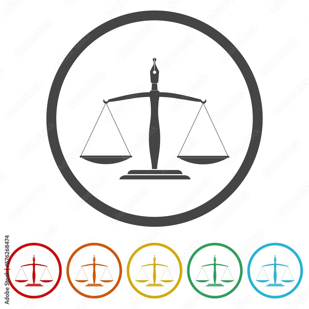 Symbol of law and justice scale pen icons in color circle buttons Symbol of law and justice scale pen icons in color circle buttons