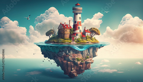 A Fantasy-inspired Floating Island with a Modern Twist, Overlooking a Scenic Blue Sky and Clouds Background - Generative Ai