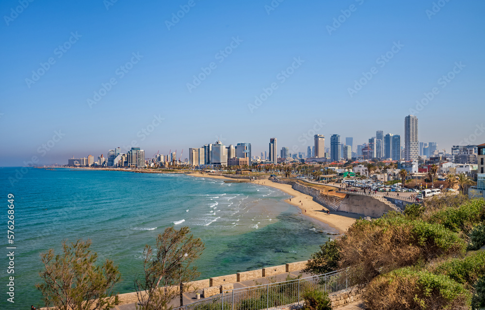 Fototapeta premium Mediterranean seaside of Tel Aviv. View from the park at old town of Jaffa.