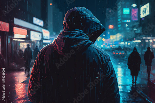 Unrecognizable hooded man hiding identity in the city. View from the back, a faceless thief or criminal on the street on a rainy night. Generative AI illustration