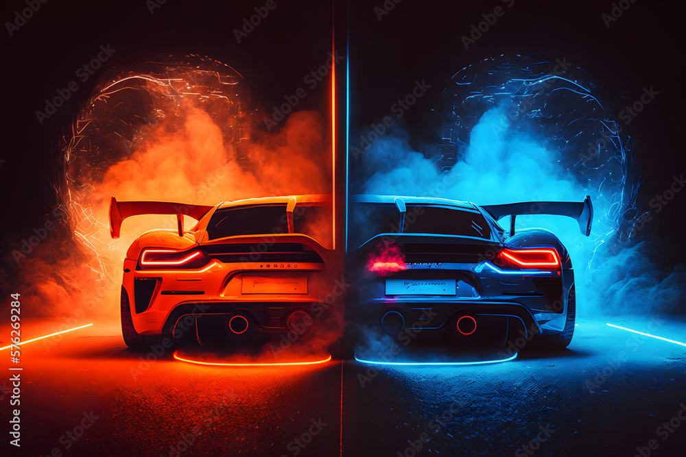 Two high speed sports cars in motion, racing moment in neon light