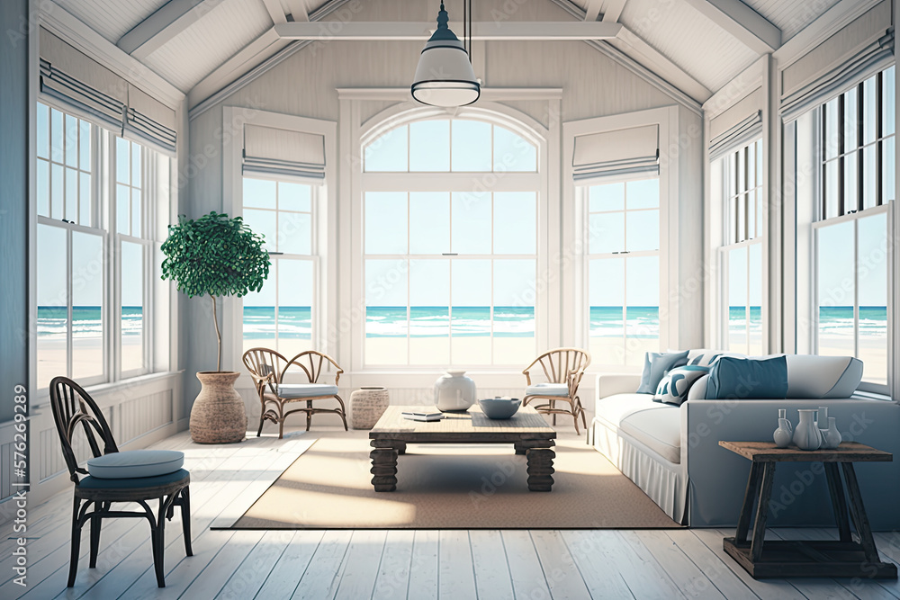 Summer beach house with furniture has a living room with a view of the ocean. inside a vacation home or villa Summer beach house with furniture has a living room with a view of the ocean. inside a vacation home or villa