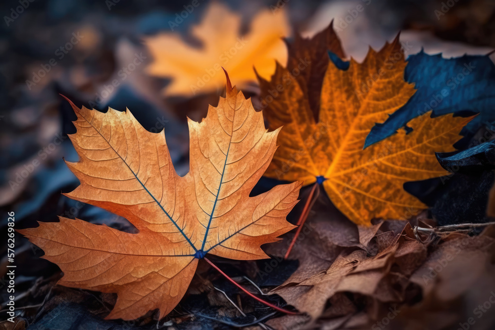 Autumn maple leaves laying on the forest ground