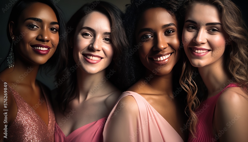 Group of Beautiful multiracial women friends posing in studio on colored background with colorful fashionable clothes style Group of Beautiful multiracial women friends posing in studio on colored background with colorful fashionable clothes style