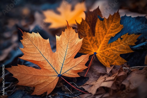 Autumn maple leaves laying on the forest ground