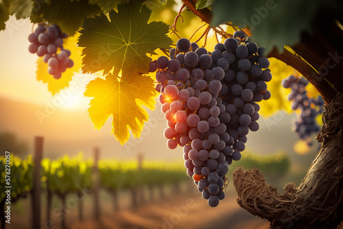 A bunch of grapes are hanging from a vine in a vineyard at sunset or dawn - Ai generative