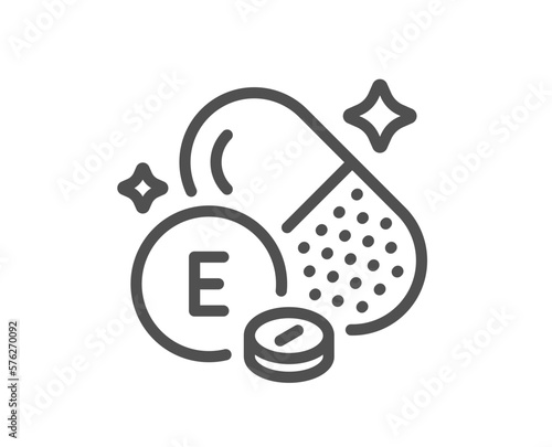 Vitamin E line icon. Tocopherols food nutrient sign. Capsule or pill supplement symbol. Quality design element. Linear style vitamin E icon. Editable stroke. Vector