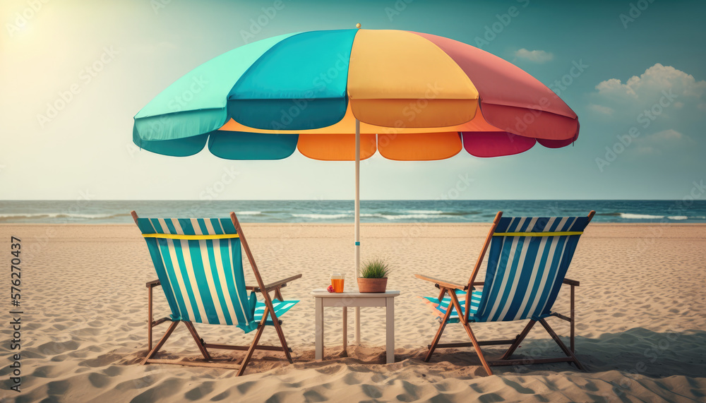 Beach umbrella with chairs on the sand.