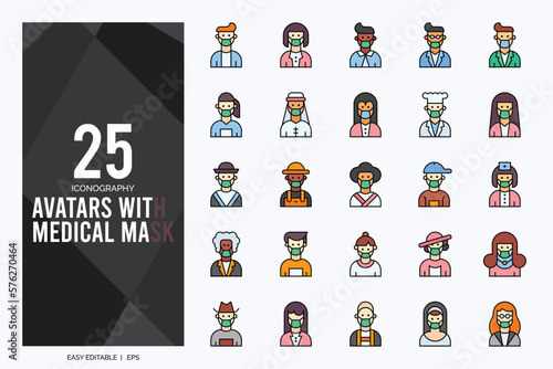 25 Avatars With Medical Masks Lineal Color icon pack. vector illustration.