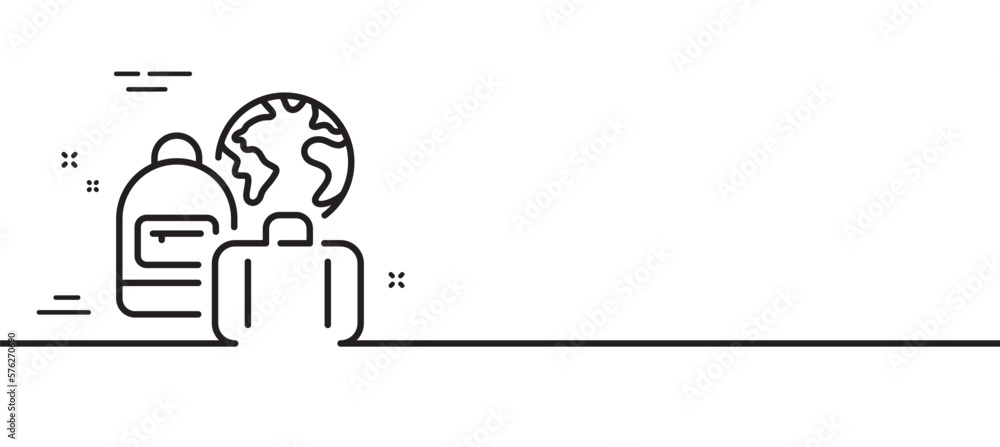 Baggage line icon. Travel luggage sign. Bag with backpack symbol. Minimal line illustration background. Baggage line icon pattern banner. White web template concept. Vector Baggage line icon. Travel luggage sign. Bag with backpack symbol. Minimal line illustration background. Baggage line icon pattern banner. White web template concept. Vector