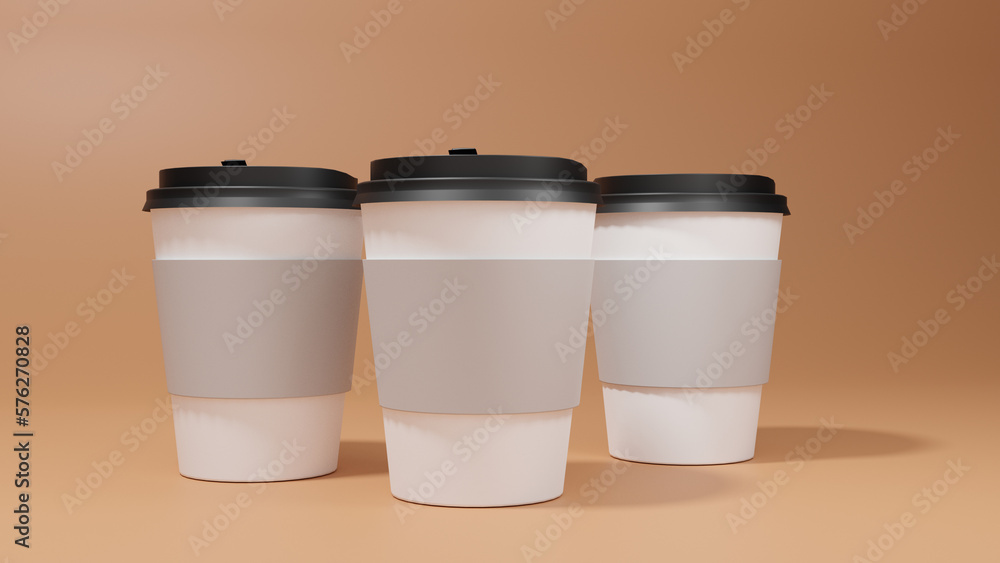three 3d rendering of empty white plastic coffee cup whit brown background three 3d rendering of empty white plastic coffee cup whit brown background
