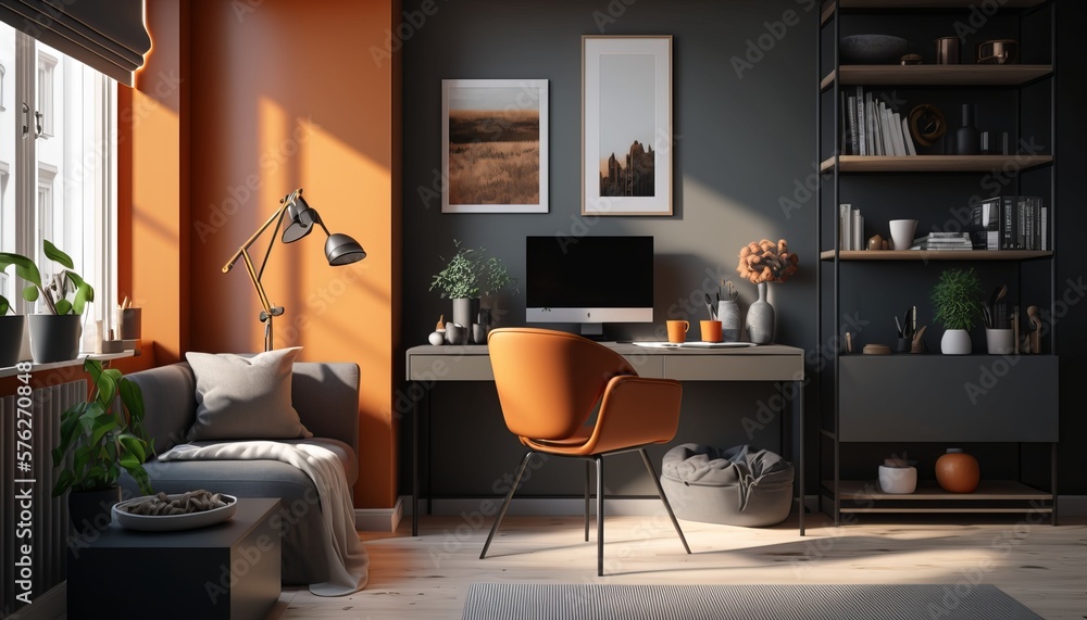 Fototapeta premium Home office mock up, ultra modern, contemporary scene.