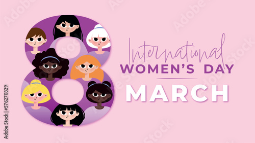 Banner about International Women's Day celebrated on March 8th. Vector illustration in flat style with women of different ethnicities and cultures, standing side by side together.