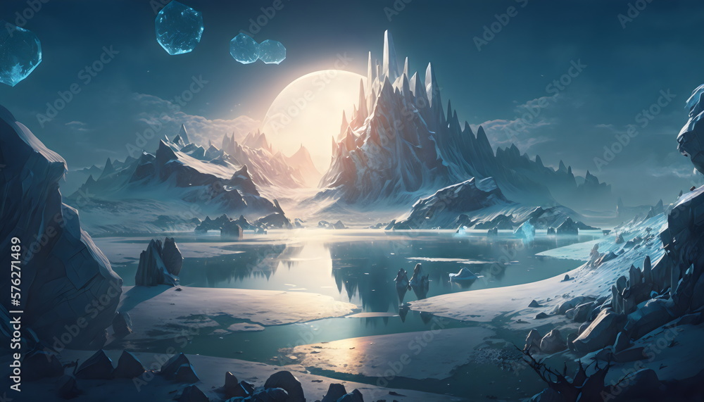 alien ice landscape with rocky structures, sun, moon and water made with generative ai