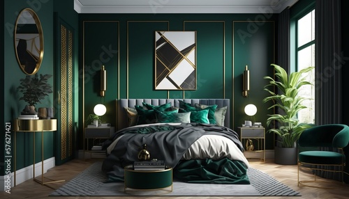 Mock up of a modern minimalistic luxury bedroom with a double bed with a comforter and pillows, a mirror, and decorations. idea for an interior design concept.