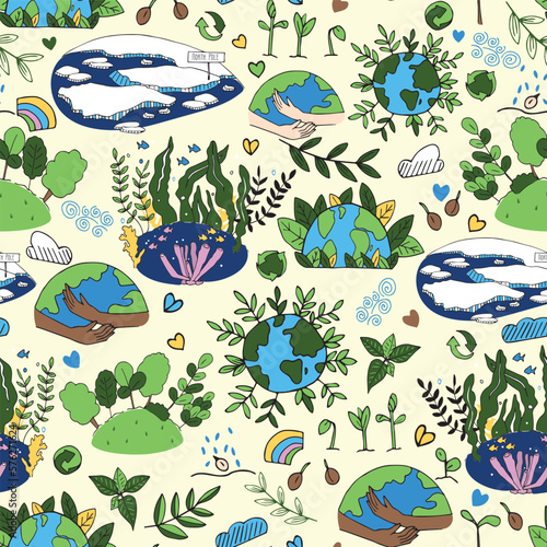 Earth day Love your planet seamless pattern background with planet, sea, forests, and icebergs