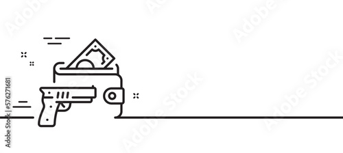 Armed robbery line icon. Money fraud crime sign. Thief with gun steal cash symbol. Minimal line illustration background. Armed robbery line icon pattern banner. White web template concept. Vector