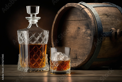 Glass of whiskey with ice  and barrel