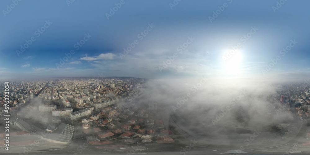 360 panorama of fog over the city, aerial landscape from a drone. View from above. 