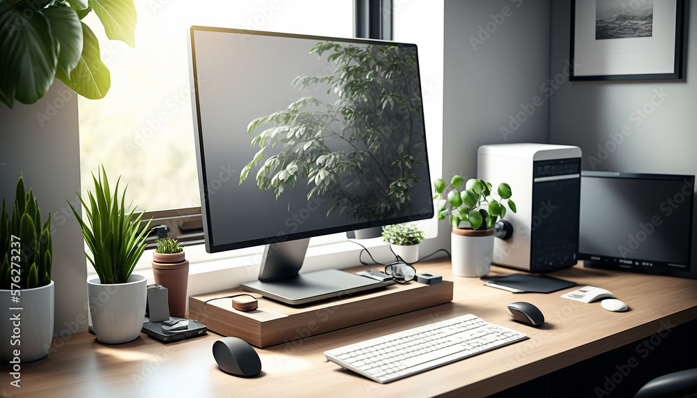 An accountant's desk, with a computer monitor, a keyboard, and a mouse on a sleek and modern desk Generative AI An accountant's desk, with a computer monitor, a keyboard, and a mouse on a sleek and modern desk Generative AI