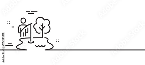 Fishing place line icon. Fisherman with rod sign. Lake with tree symbol. Minimal line illustration background. Fishing place line icon pattern banner. White web template concept. Vector