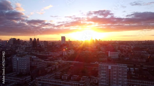 Wide establishing drone shot Hackney Borough in London at sunset photo
