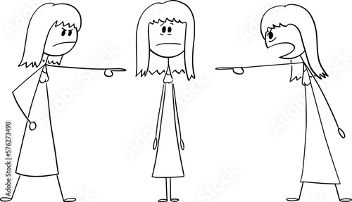 Women Accusing or Blaming Another Girl , Vector Cartoon Stick Figure Illustration