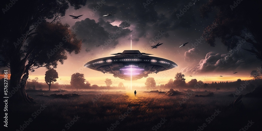 Flying saucer flies at night in sky oversilhouette of man standing in field. Alien abduction. Created with Generative AI Flying saucer flies at night in sky oversilhouette of man standing in field. Alien abduction. Created with Generative AI