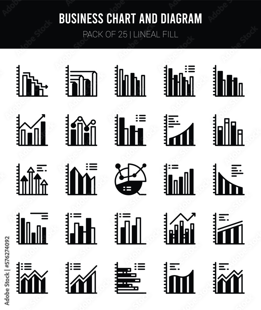 25 Business Chart and Diagram Lineal Fill icons Pack vector illustration.