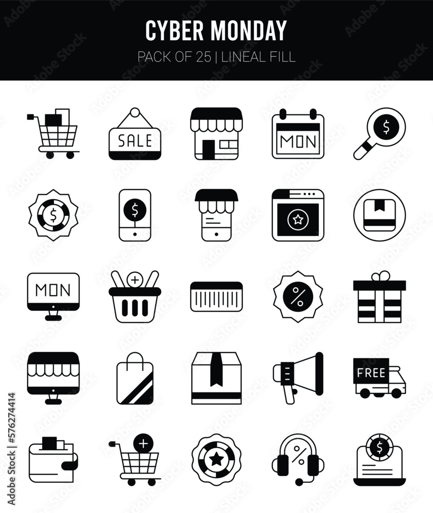 25 Cyber Monday Lineal Fill icons Pack vector illustration. 25 Cyber Monday Lineal Fill icons Pack vector illustration.