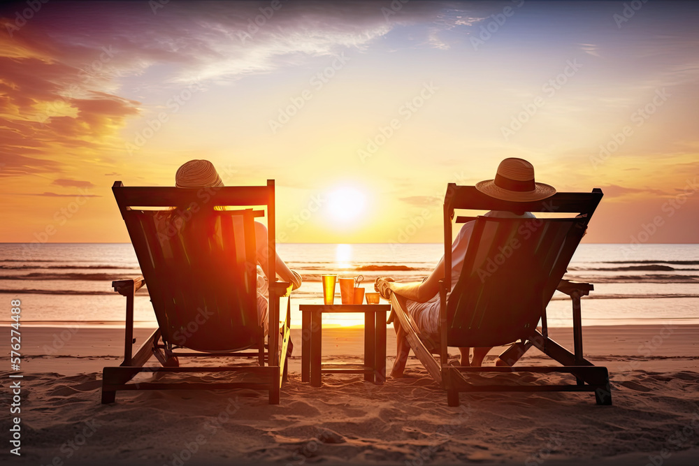 Happy couple enjoy luxury sunset on the beach during summer vacations