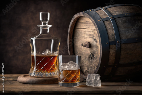 Glass of whiskey with ice and barrel
