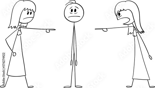 Women Accusing or Blaming Man or Boy , Vector Cartoon Stick Figure Illustration