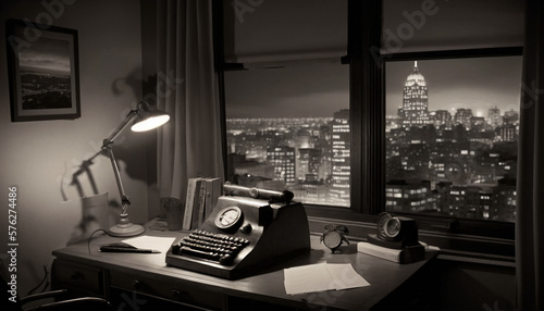 An accountant's desk, nostalgic and vintage, with a typewriter, an adding machine, and a rotary dial phone on an antique desk Generative AI