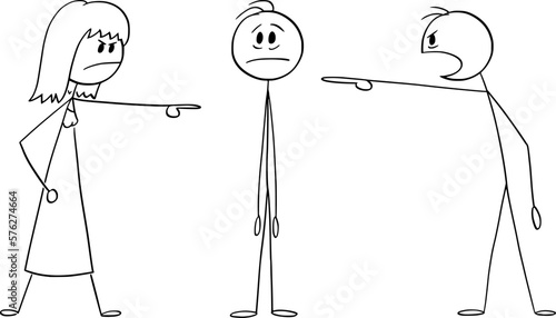People or Parents Accusing or Blaming Man or Son , Vector Cartoon Stick Figure Illustration