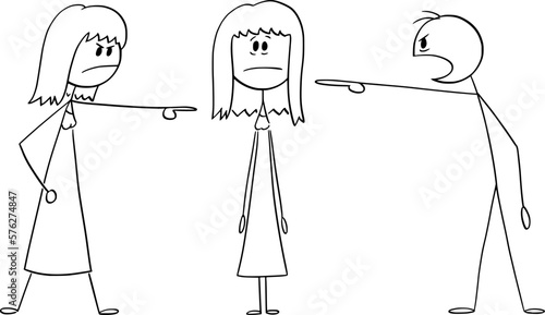 People or Parents Accusing or Blaming Woman or Daughter, Vector Cartoon Stick Figure Illustration