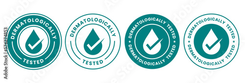 Set dermatologically tested vector label with water drop, leaf and hand logo. Dermatology test and dermatologist clinically proven icon for allergy free and healthy safe product package tag. photo