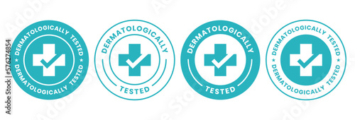 Set dermatologically tested vector label with water drop, leaf and hand logo. Dermatology test and dermatologist clinically proven icon for allergy free and healthy safe product package tag. photo