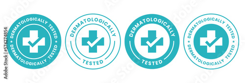 Set dermatologically tested vector label with water drop, leaf and hand logo. Dermatology test and dermatologist clinically proven icon for allergy free and healthy safe product package tag.