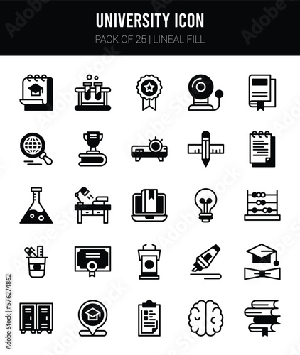 25 University Lineal Fill icons Pack vector illustration.