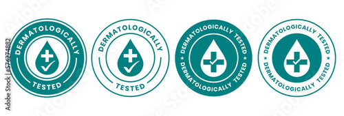 Set dermatologically tested vector label with water drop, leaf and hand logo. Dermatology test and dermatologist clinically proven icon for allergy free and healthy safe product package tag.