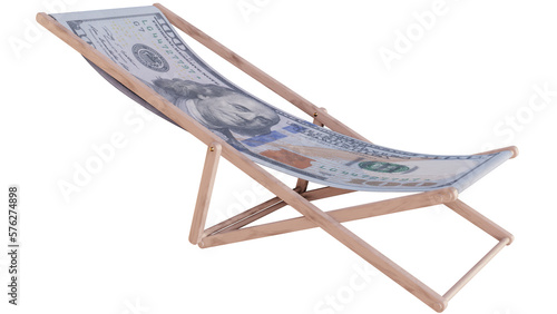 Beach Chair with Money Fabric on a transparent PNG background. Summer vacation, hotel, trip, sea, sunbathing, leisure and relaxation concept photo