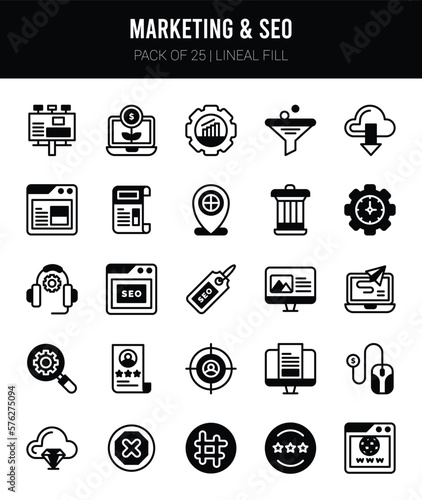 25 Marketing and Seo Lineal Fill icons Pack vector illustration.