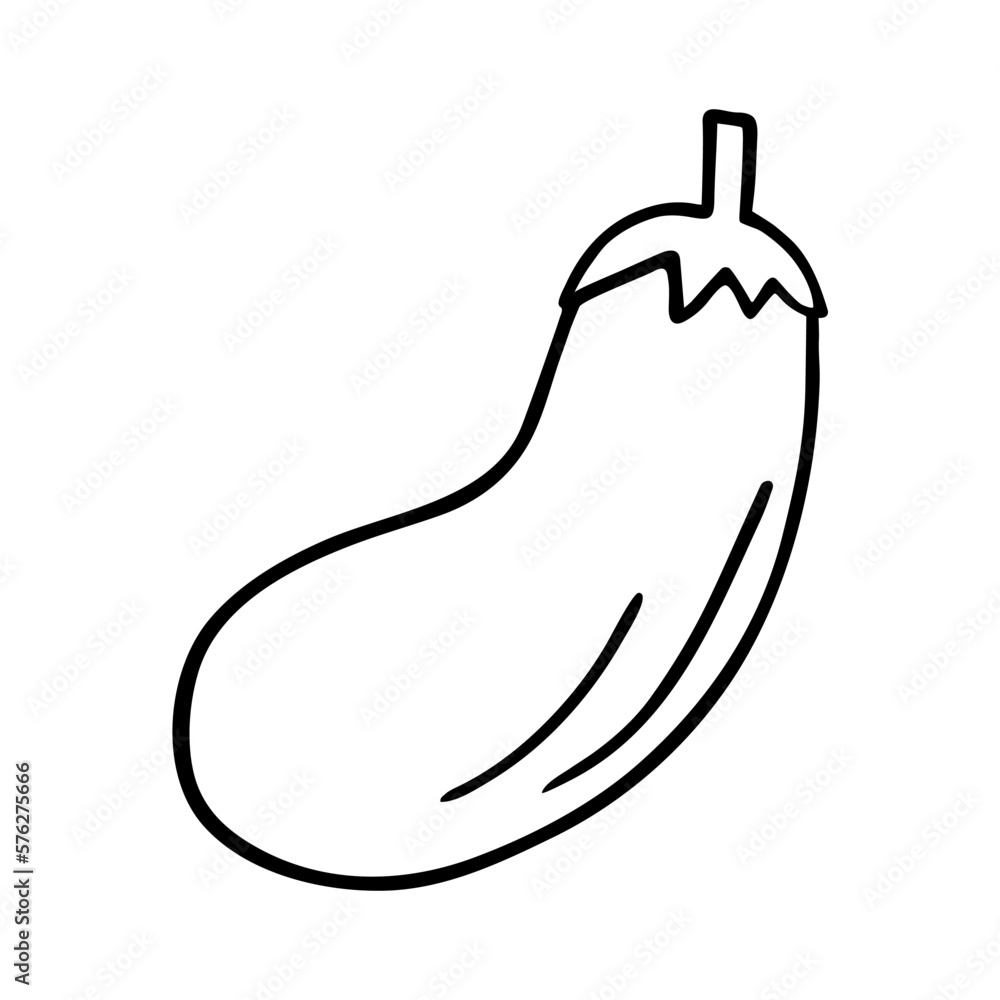 Eggplant doodle, cooking nutrient. Hand-drawn vegetarian food, proper eating, healthy diet. Sketch, minimalism, line art. Isolated. Vector illustration