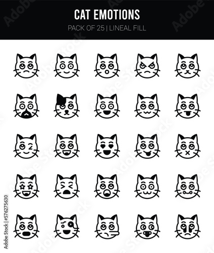 25 Cat Emotions Lineal Fill icons Pack vector illustration.