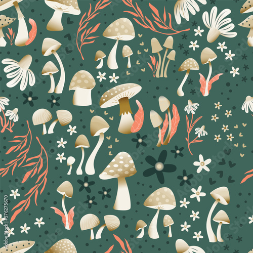 Mushroom and flower seamless pattern with beautiful florals, leaves and buds. Beautiful woodland garden in nature. Colorful vector illustration.