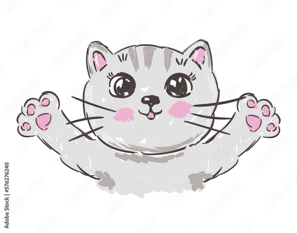 Hand drawn cute grey cat vector illustration for print child Hand drawn cute grey cat vector illustration for print child